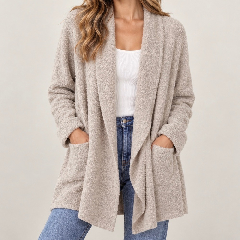Barefoot Dreams CozyChic Lite Island Cardigan 903 Beige Draped Open Front S/M